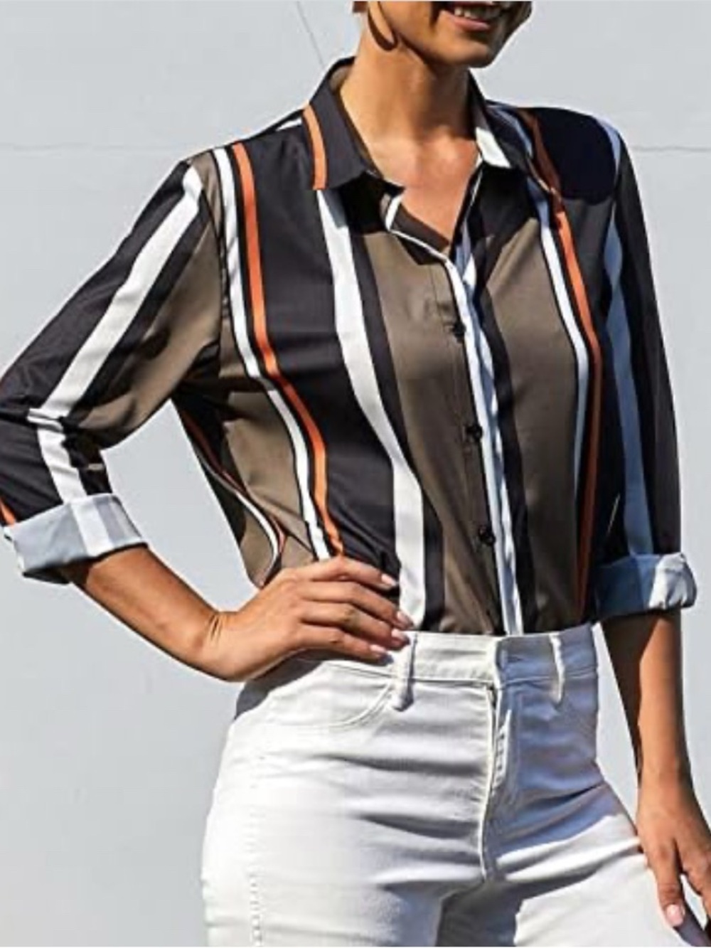 Womens 2XL Brown Striped Button Up Shirt y2k streetstyle boho Multi colored